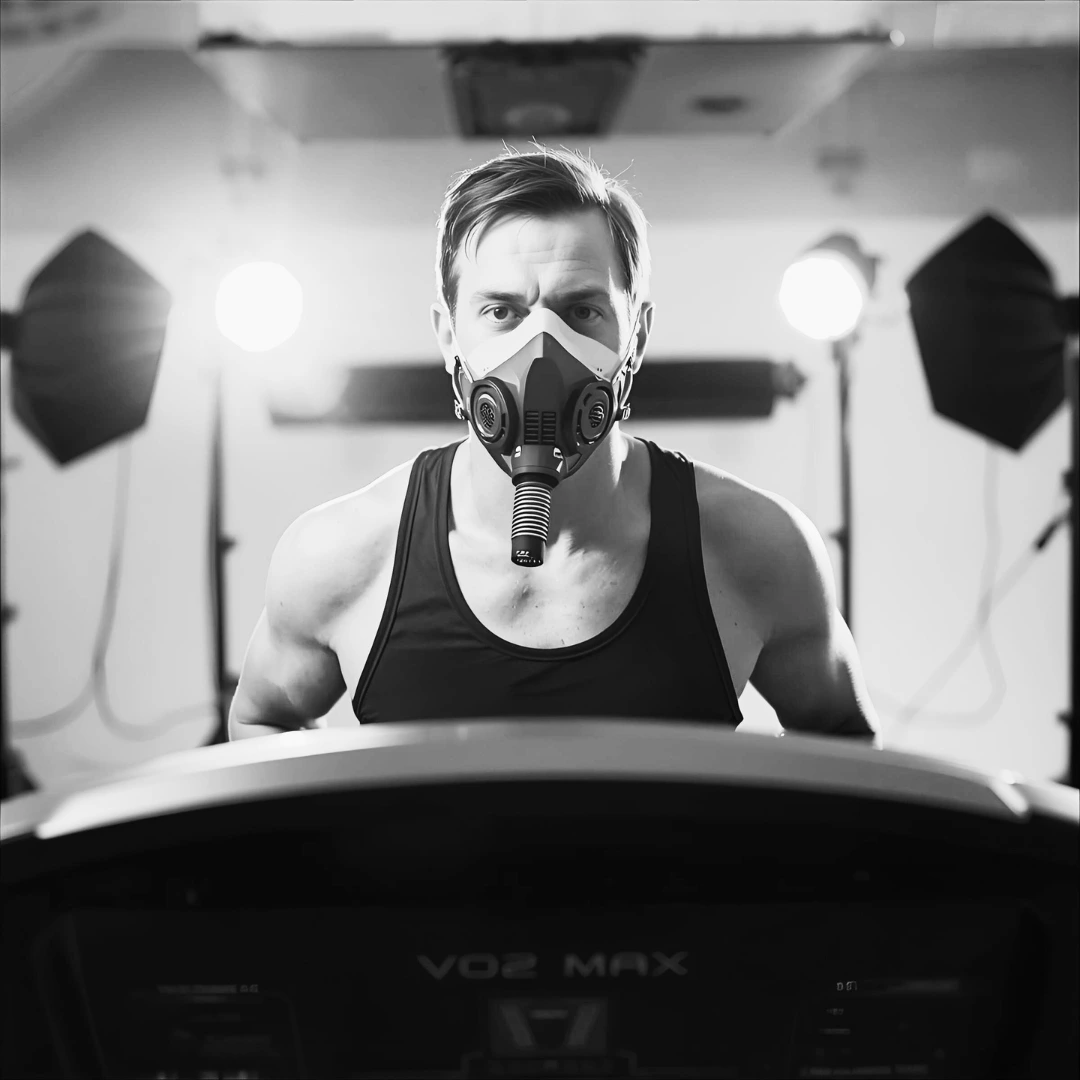 VO₂ max fitness assessment using a treadmill and respiratory mask.