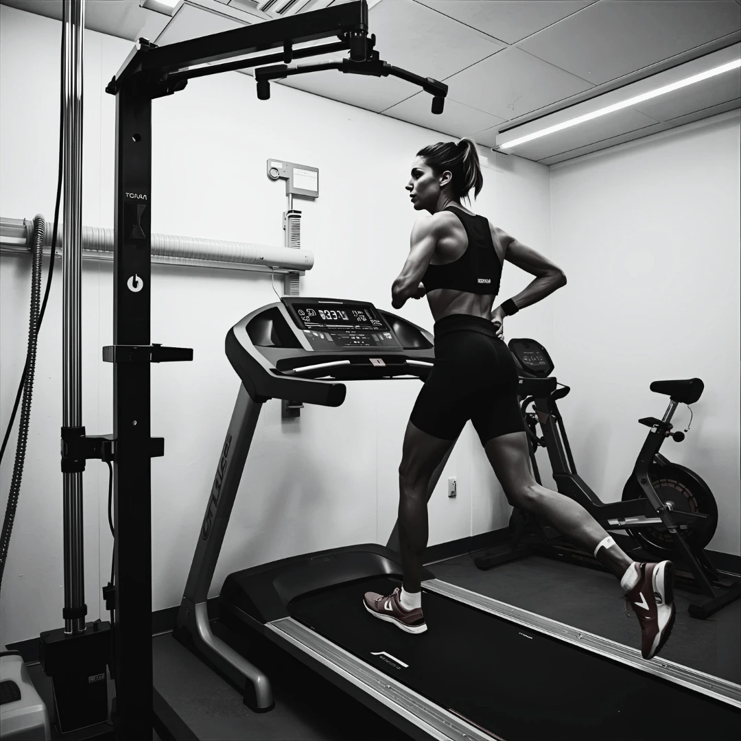 Person running on a treadmill during an indoor workout.