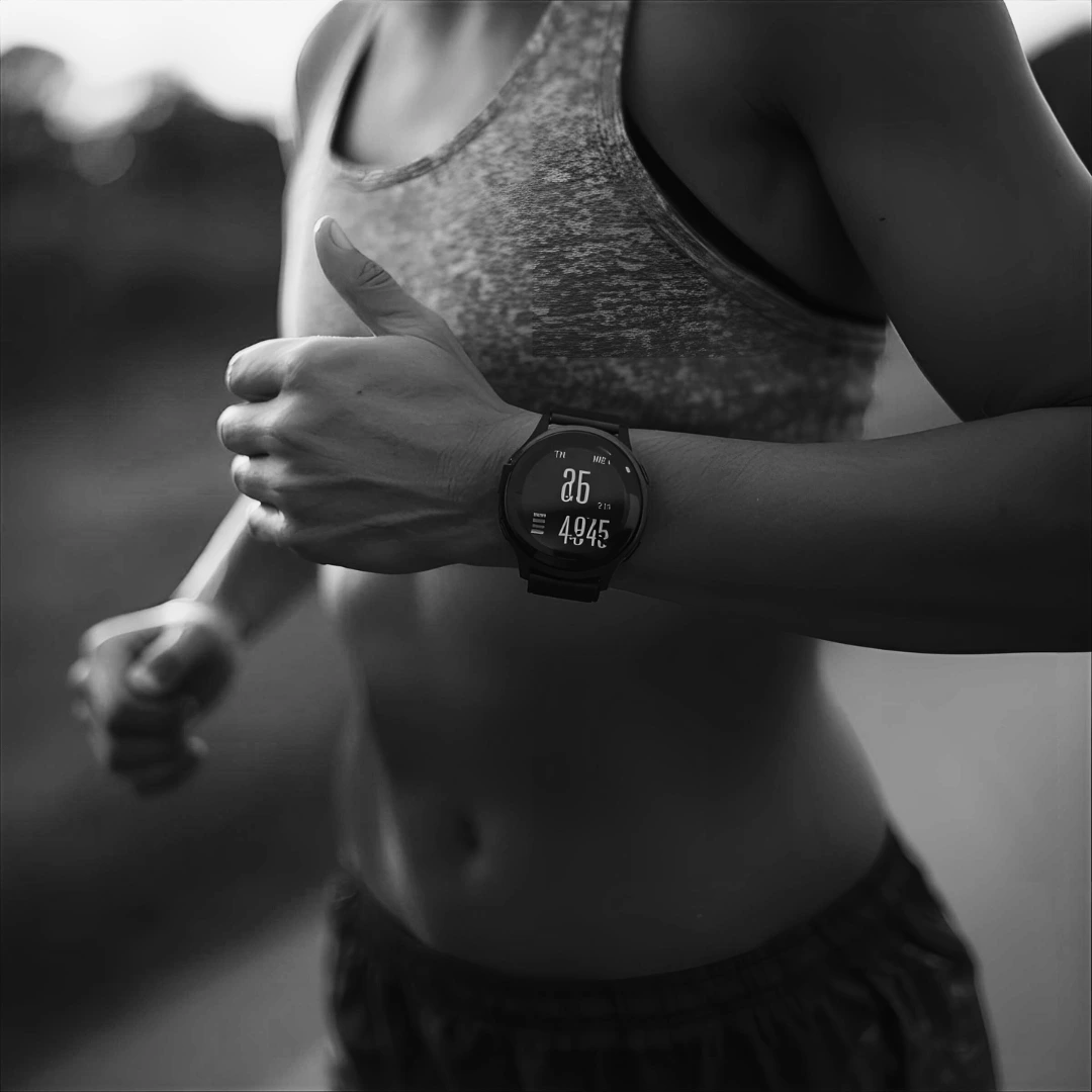 Close-up of a runner wearing a smartwatch during exercise.