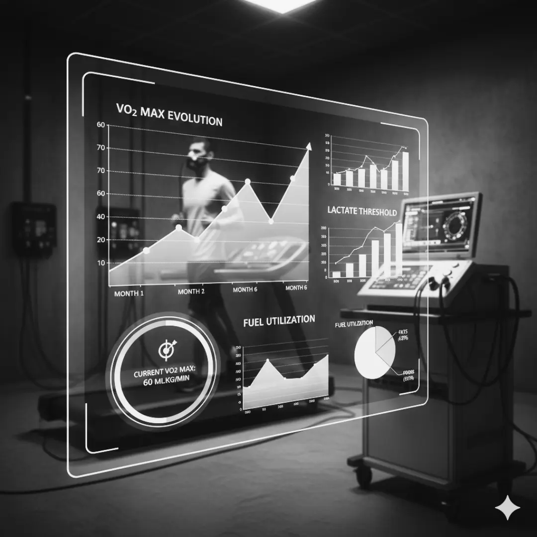 Health and fitness data displayed on a digital dashboard in a training space.