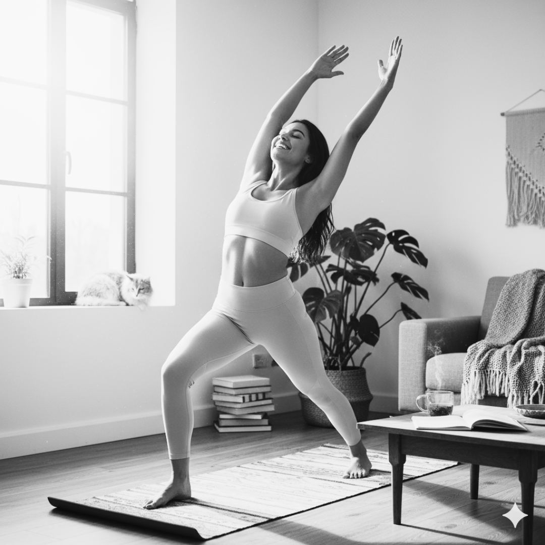 Woman stretching on a yoga mat in a bright home workout space.