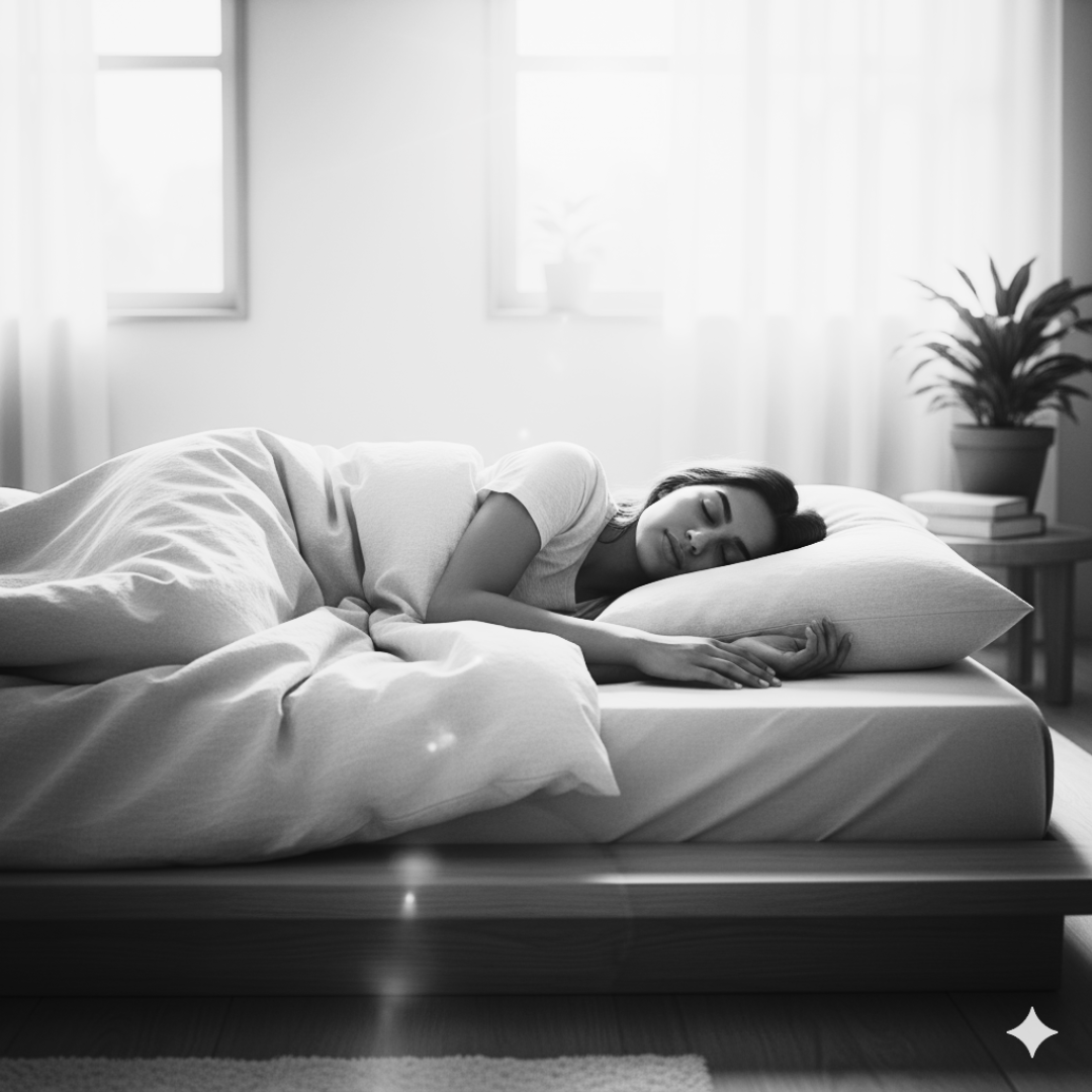 Person sleeping under blankets in a bedroom.