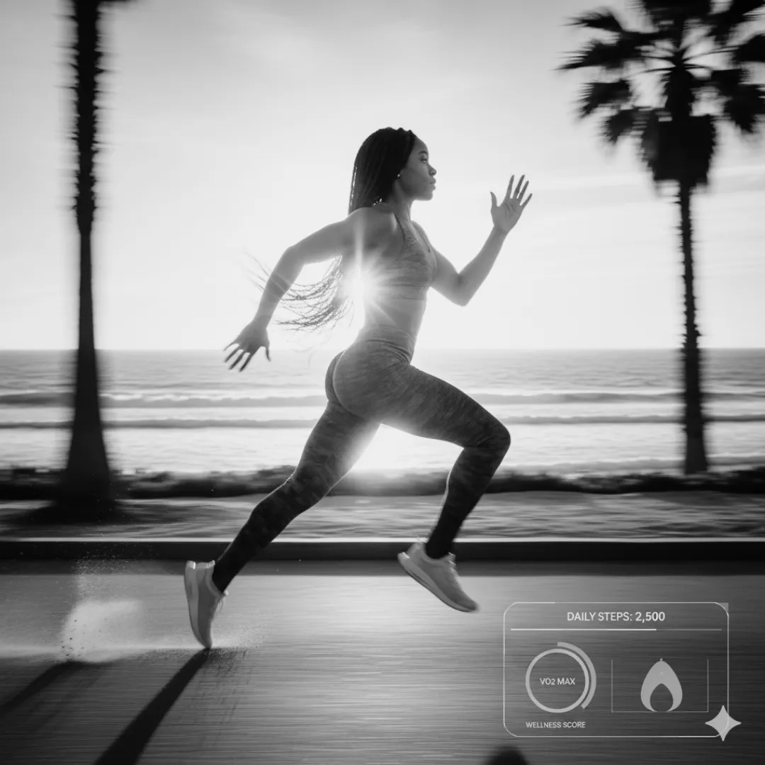 Woman exercising in a lunge position with fitness tracking graphics on screen.