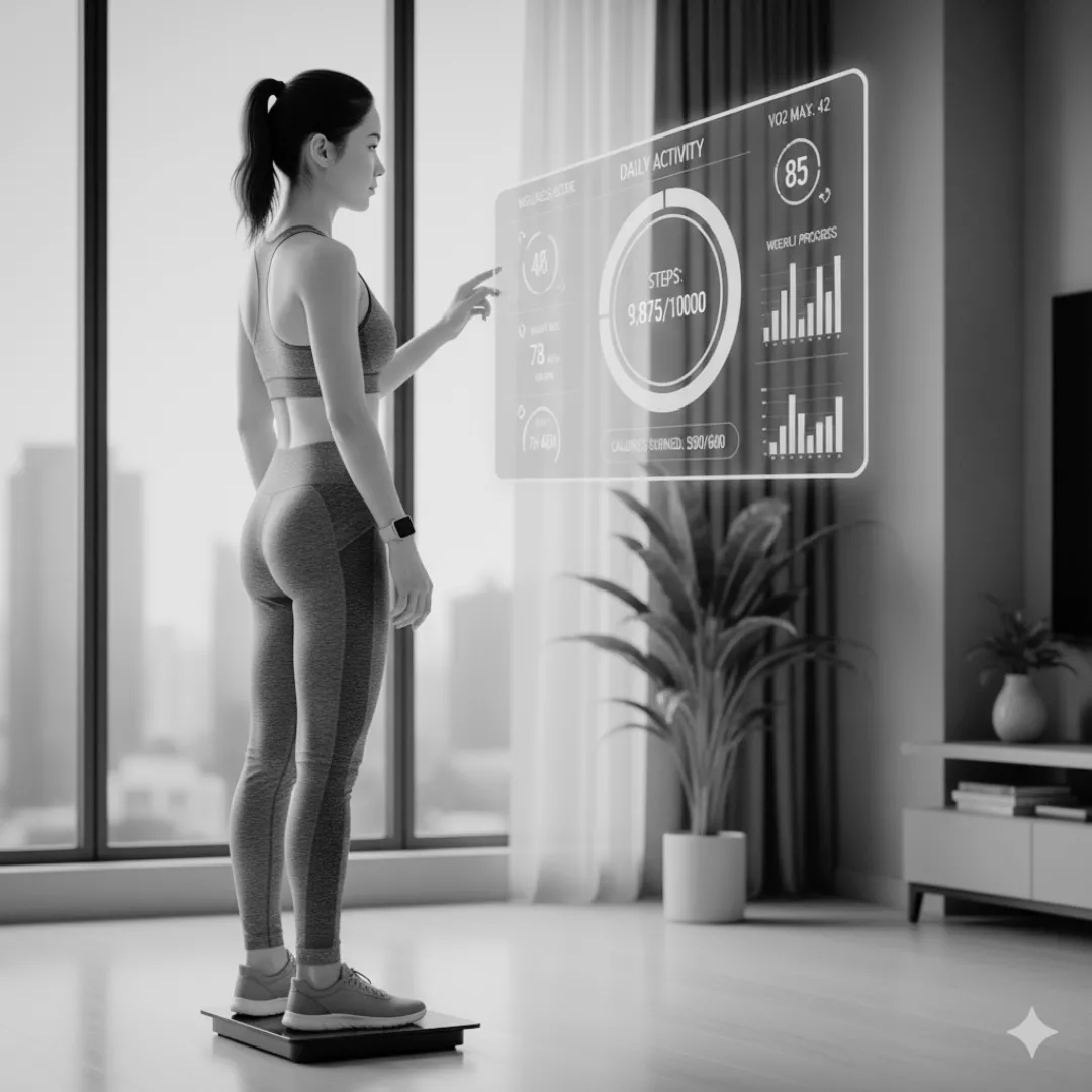 Woman reviewing health metrics on a digital screen in a wellness setting.