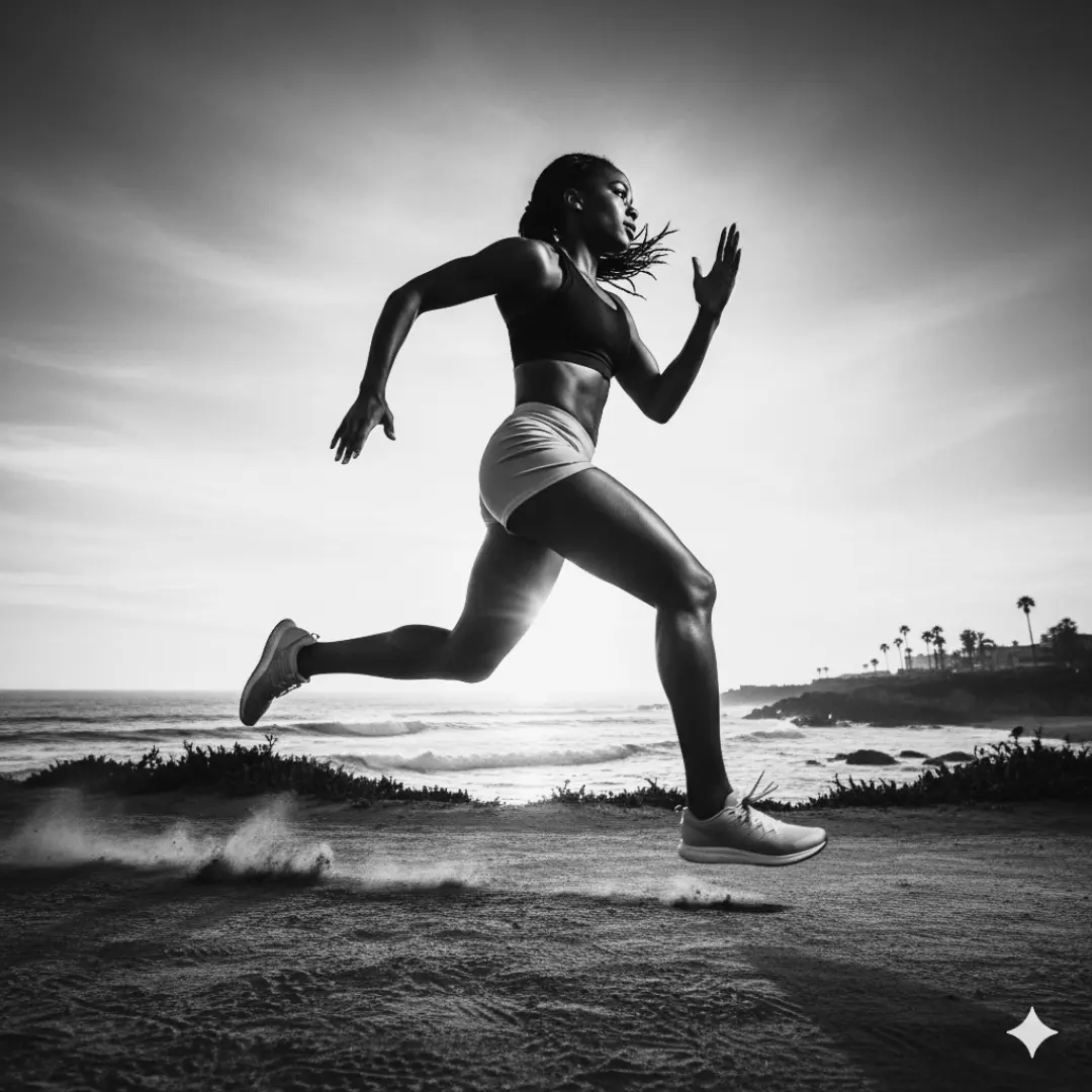 Athlete running outdoors in a high-intensity workout.