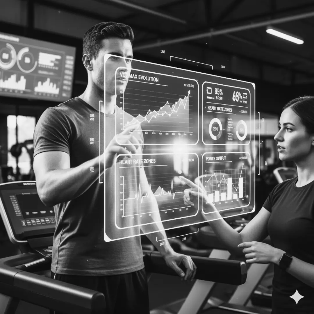 Fitness trainer reviewing performance data with a client in a gym on a digital screen.