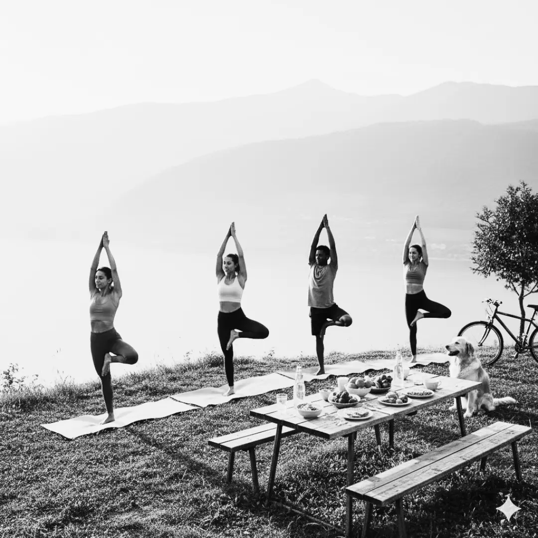 Group doing yoga outdoors near the water.
