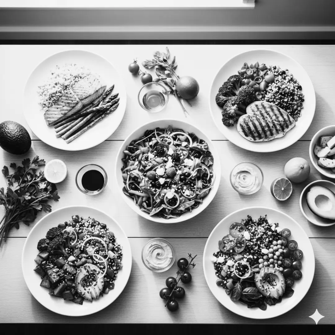 Top-down view of several healthy meal bowls on a table.