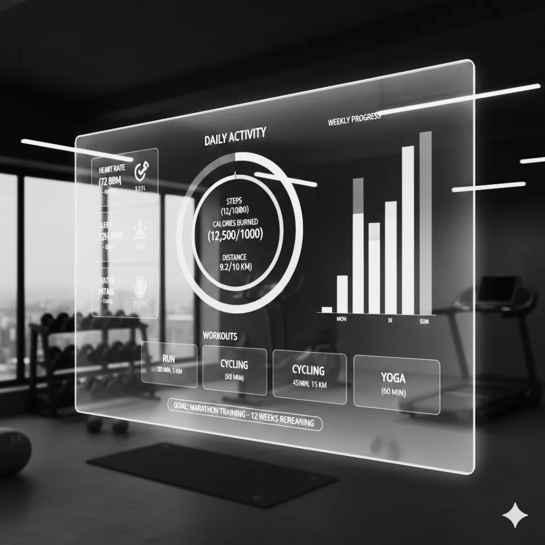 Digital fitness dashboard displayed in a gym setting.