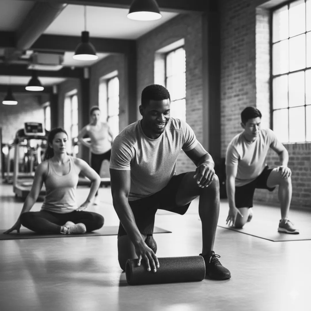 Group exercising together in an indoor fitness class.
