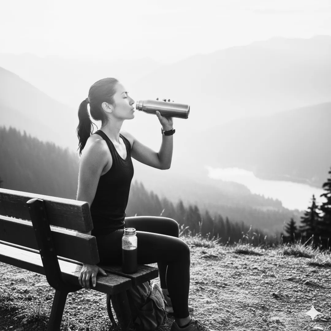 Woman drinking from a water bottle while seated outdoors.