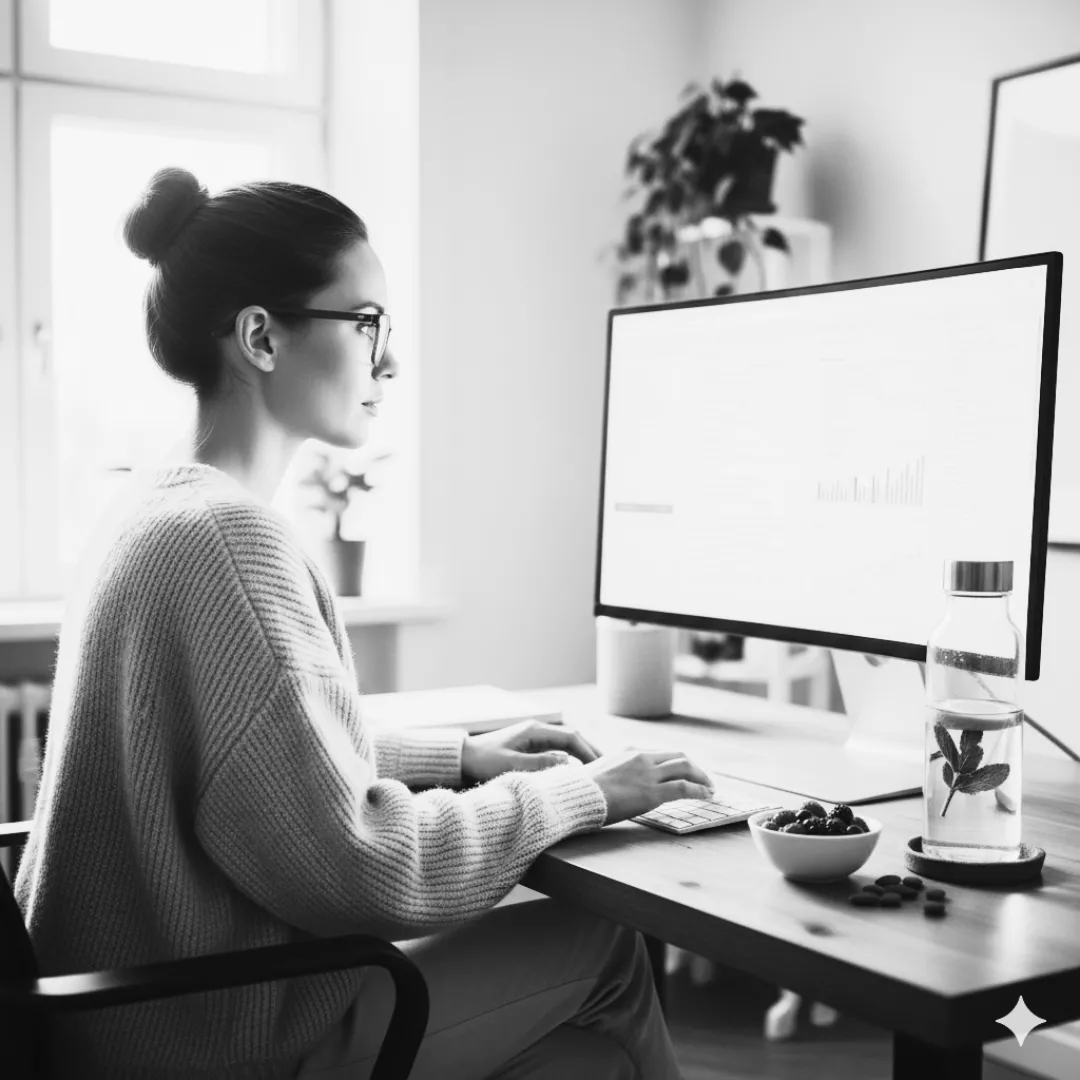 Woman working at a computer in a home office.